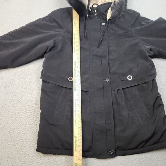 Women's Black Parka Jacket Large Faux Fur Lined Hood Gold Trim Preppy Cozy Layer - Picture 4 of 11